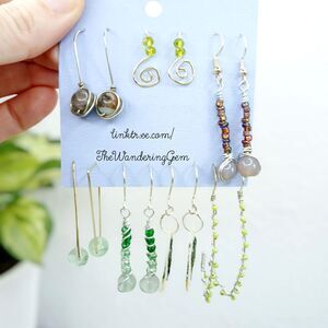 7 Piece Green & Gray Beaded Earring Set, Studs & Dangles, Boho Fairy Cottage